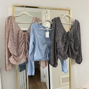 Women's Light Blue Ruched V-Neck Tops